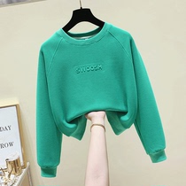 South Korea letter printing stitching crew neck sweater women's 2021 autumn and winter new Joker loose slim pullover top tide