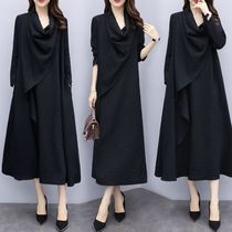 2020 Autumn womens loose size long dress womens black slim long sleeve skirt pile collar long skirt