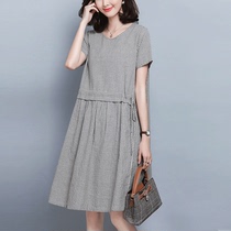 Cotton Linen Dress Dress Woman Dress Spring Summer 2022 New Korean Version Loose Art Collection Waist Linen Striped Dress Medium Long