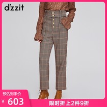 Dzzit Plain Winter Shop 2019 New French High-waist Straight Cylinder Lattice Casual Pants 3G4Q4153M for Women