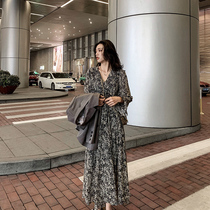 Platycodon grandiflorum French vintage niche Hepburn wind floral long skirt light ripe wind royal elder sister age-reducing bottom dress