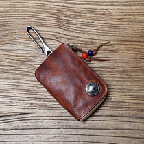 Retro Head Layer Plant Tanning Cow Leather Zipper Key Bag Men Genuine Leather Zero Money Card Bag Handmade Polish Car Lock Spoon Bag Woman