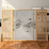 New Chinese screen partition living room wooden hollow entrance entrance simple modern landscape fabric solid wood Mobile