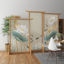 New Chinese style screen partition Living room fashion entrance Wooden fabric study Movable triple seat screen Modern lotus