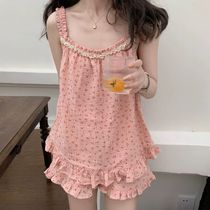 Cute outside wear cherry floral suspender shorts pajamas womens two-piece suit sweet student homewear summer new