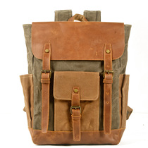 World War II military retro outdoor waterproof canvas backpack pepper Salt mens leather locomotive mountaineering computer backpack