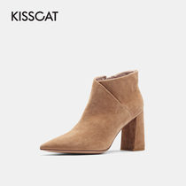 Kissing cat autumn new business formal wear pointed cashmere fashion trend high heel simple ankle boots ankle boots