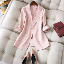 Low-key tasteful high-end temperament acetic acid suit jacket womens 2021 new three-point sleeve medium-long suit