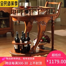 European style solid wood hand push mobile food delivery car American small cart restaurant hotel double wine stand tea car