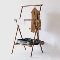 Solid wood coat rack Black Walnut Leather housing floor multi-function folding hanger bedroom vertical simple hanger