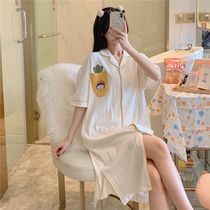Nightdress Women summer high-grade cotton pajamas loose large size short sleeve long cardigan sweet and lovely student home clothes