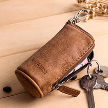 Male Key Bag Genuine Leather Zipper Head Layer Cow Leather Retro Simple Lock Spoon Bag Waist Hang Zero Wallet Large Capacity Multifunction