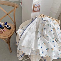 Retro blue and white lace French romantic cotton girl shirt dress children floral dress 2021 Spring and Autumn long sleeve