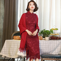 Huasha Chinese Red Lace mother's wedding cheongsam, autumn and winter long sleeve improved Chinese toast dress banquet dress q6015