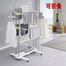 Korean clothes rack floor folding household multi-function stainless steel mobile clothes drying rack with wheels hanging towel rack