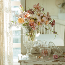 Export foreign trade retro relief light luxury crystal French transparent glass high foot vase fresh flower arrangement water lily