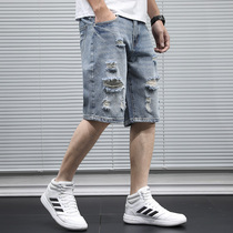 Pop brand ripped denim shorts mens 2021 summer thin Hong Kong style versatile loose five-point pants mens casual pants