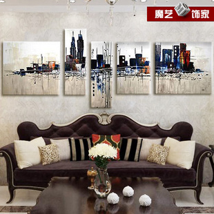 客厅手绘抽象油画餐厅装饰画 城市挂画沙发背景画玄关走道壁画