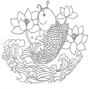 工笔画白描底稿线描手绘 布贴画图纸花卉花鸟山水人物 41连年有鱼