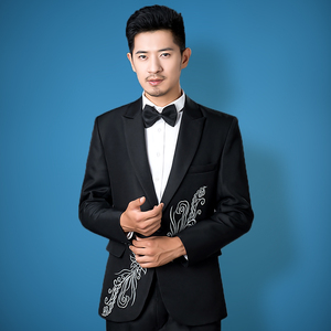 大合唱演出服装男士礼服主持人西服套装修身舞台司仪刺绣西装套装