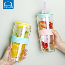 Lock and lock glass large capacity net celebrity high facial value water cup summer ins wind female straw cup with lid double layer