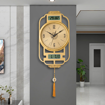 New Chinese wall clock living room home fashion simple decoration creative solid wood Chinese style clock light luxury pure copper clock