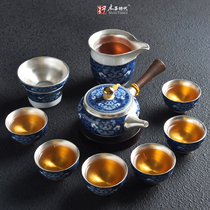 Jingdezhen blue and white porcelain sterling silver tea set Household gilt silver Kung Fu tea set Household inlaid silver teapot teacup