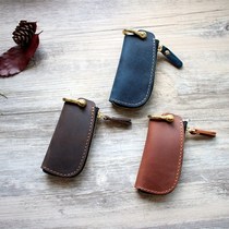 Pure Brass Retro Handmade Crazy Mapleather Car Key Bag Men And Women Style Universal Genuine Leather Zipper Lock Spoon Wrap Creativity