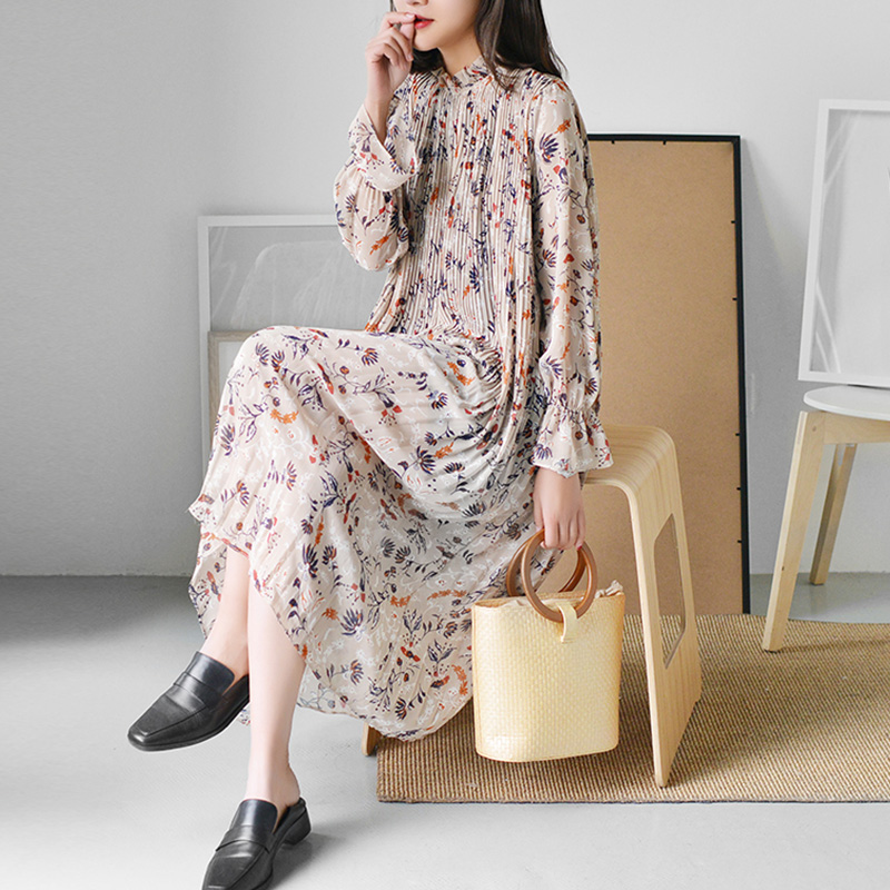 碎花雪纺连衣裙女长袖长款2018新款春装女装宽松复古百褶长裙