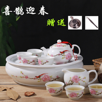 Chaoshan kung fu tea set ceramic blue and white round large capacity tea tray teapot Chinese living room simple home