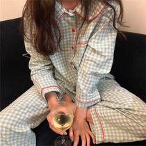 Autumn and winter New Korean ins Net red long sleeve cardigan pajamas female Japanese Plaid casual trousers home suit
