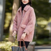 Coat Women 2021 autumn and winter New Korean version plus velvet padded medium length imitation lamb wool lapel collar loose cotton coat