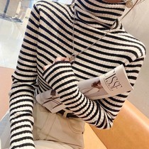 Striped turtleneck sweater women autumn and winter 2021 New pile collar knitted base shirt slim slim body top