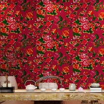 Peony flower wallpaper Farmhouse iron pot stewed Kang head wall wall skirt personality restaurant hotel northeast restaurant wallpaper