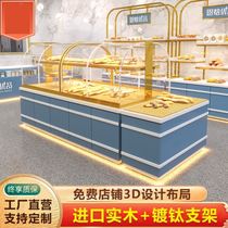 Bread display cabinet Middle Island side cabinet cake shop model cabinet curved glass stainless steel titanium plated pastry display counter