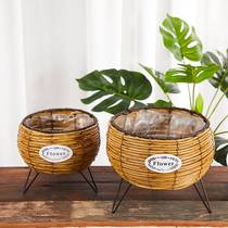 European-style Straw flower basket rattan flower pot hand-woven bamboo weaving ins home living room iron ornaments green flower Ware