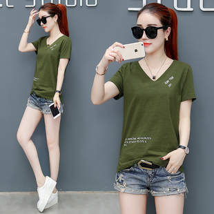 2018新款夏天衣服土t恤短袖t恤女装时尚夏季军绿色简约韩版上衣女