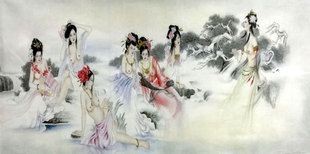 国画工笔人物画 古代美女仕女图 七仙女 四尺横幅 卧室酒店配画