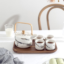 Nordic light luxury Phnom Penh marble grain ceramic household set Teapot tea set with solid wood tray Coffee set combination