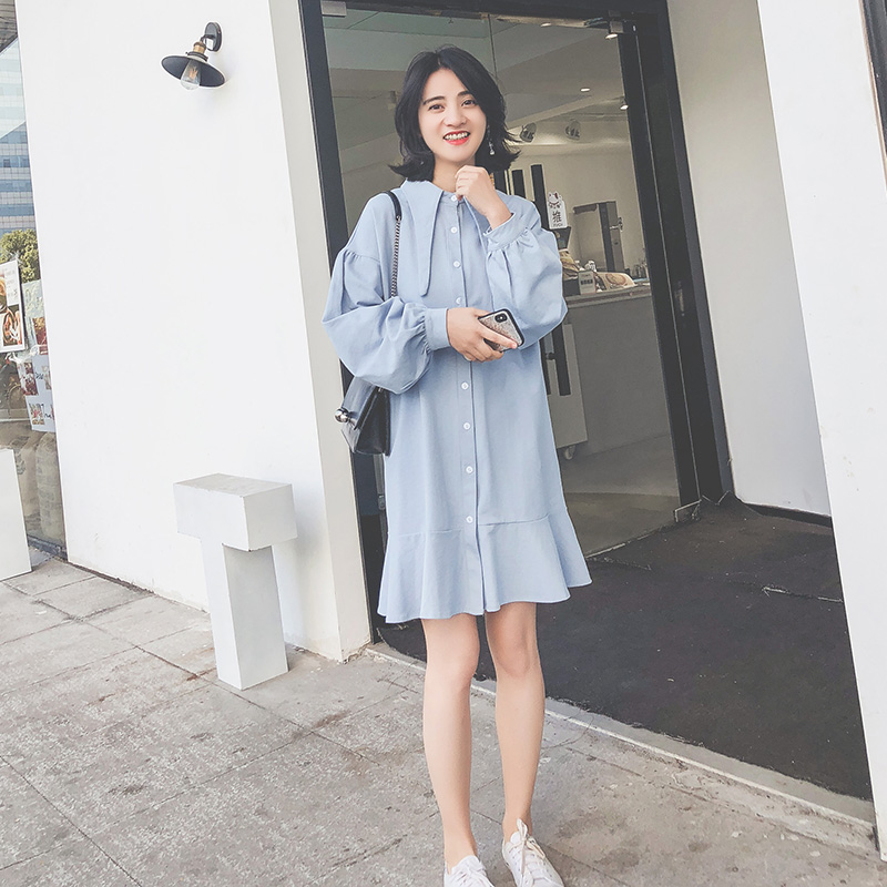 2018春装新款女装韩版初恋复古连衣裙女春中长款裙子荷叶边衬衫裙