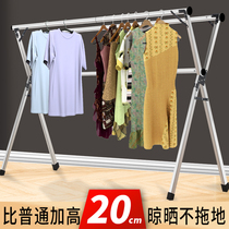 Add high thickened stainless steel floor telescopic clothes hanger folding indoor outer clothes hanger home telescopic rod hanging hanger