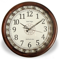 Large clock solid wood mute European style retro American quartz wall clock living room Chinese simple automatic timing