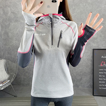 Outdoor quick-drying clothes women long sleeves plus velvet hooded stretch fitness thin running mountain clothes sports top T-shirt