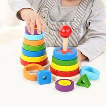 Wooden rainbow tower ring stacked music building block childrens beneficial intelligence Baby shape matching toy book building block set
