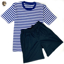 Sea soul shirt short-sleeved T-shirt blue and white striped short-sleeved shorts sportswear summer round neck quick-drying physical training suit men