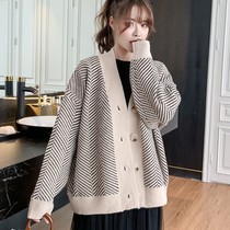 Striped Lazy Wind Knitted Cardigan Jacket Women 2021 Autumn Winter Loose Vintage Thick Thick Line Joker Outside Wear Sweater