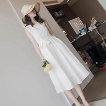 Women's summer dress new style small fragrance medium length waist collection show thin super fairy White Sleeveless knee length skirt temperament