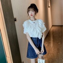 Summer new lotus leaf lace-style blouse student snowspun short sleeve cardigan T-shirt female white design feel undershirt