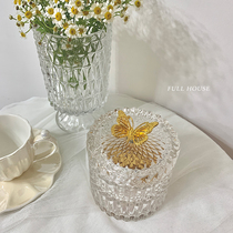Golden butterfly transparent glass jar storage ornament ornament ins wind jewelry cotton swab miscellaneous storage box