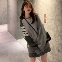 Gray Sweater Women 2021 Spring and Autumn New Loose Korean Joker Age Reduction Color Patch Long Sleeve Thin Round Neck Top Tide